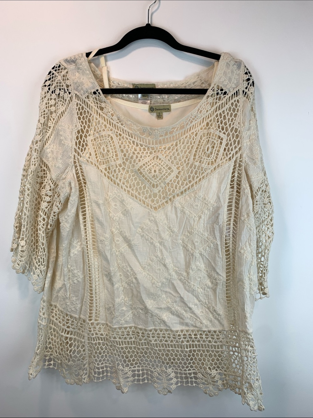 Democracy crochet 3/4 sleeve sz L whimsical boho resort vacation sheer indie